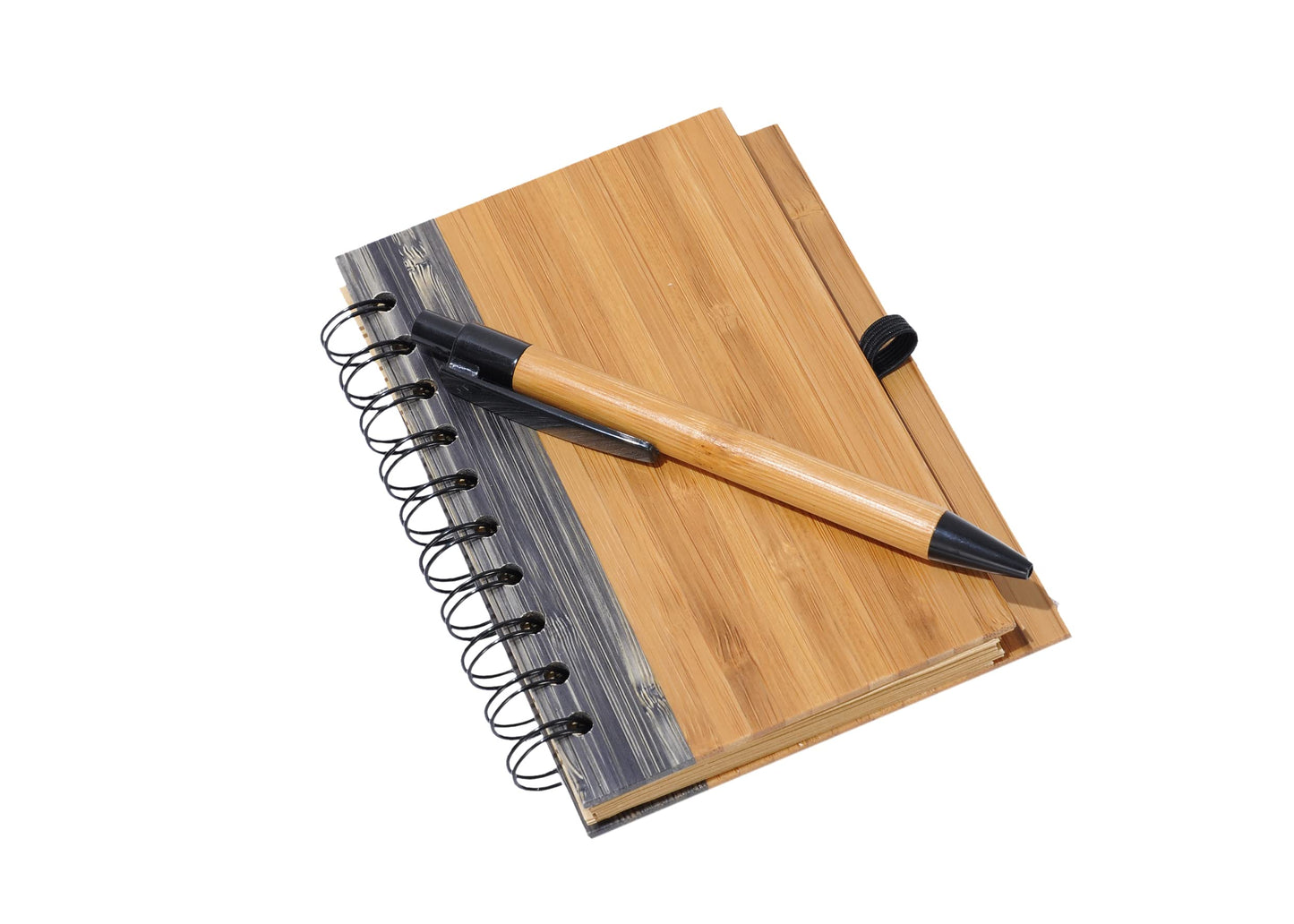 Bamboo Covered Notebook, Spiral Hardcover, Bamboo Ballpoint Pen, Diary for Students, Sketches, Writing, Lined Page, Arts & Crafts, Note-Taking, 70 Sheets, Recycled Product, Eco-Friendly Production