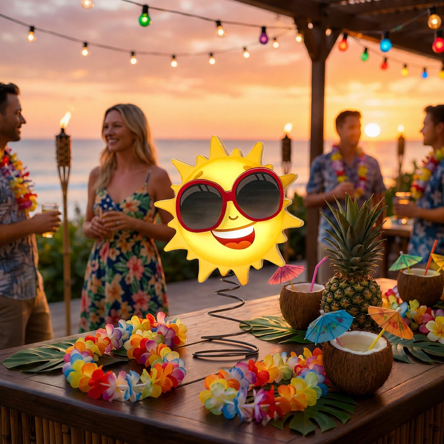 APUDWN 9.6 x 6.5 Inch Wood Sun Tree Topper with LED Lights, Summer Tree Decorations for Tropical Beach Luau Party Tabletop Battery Powered 3D Sunglasses Smiling Face Holiday Decor