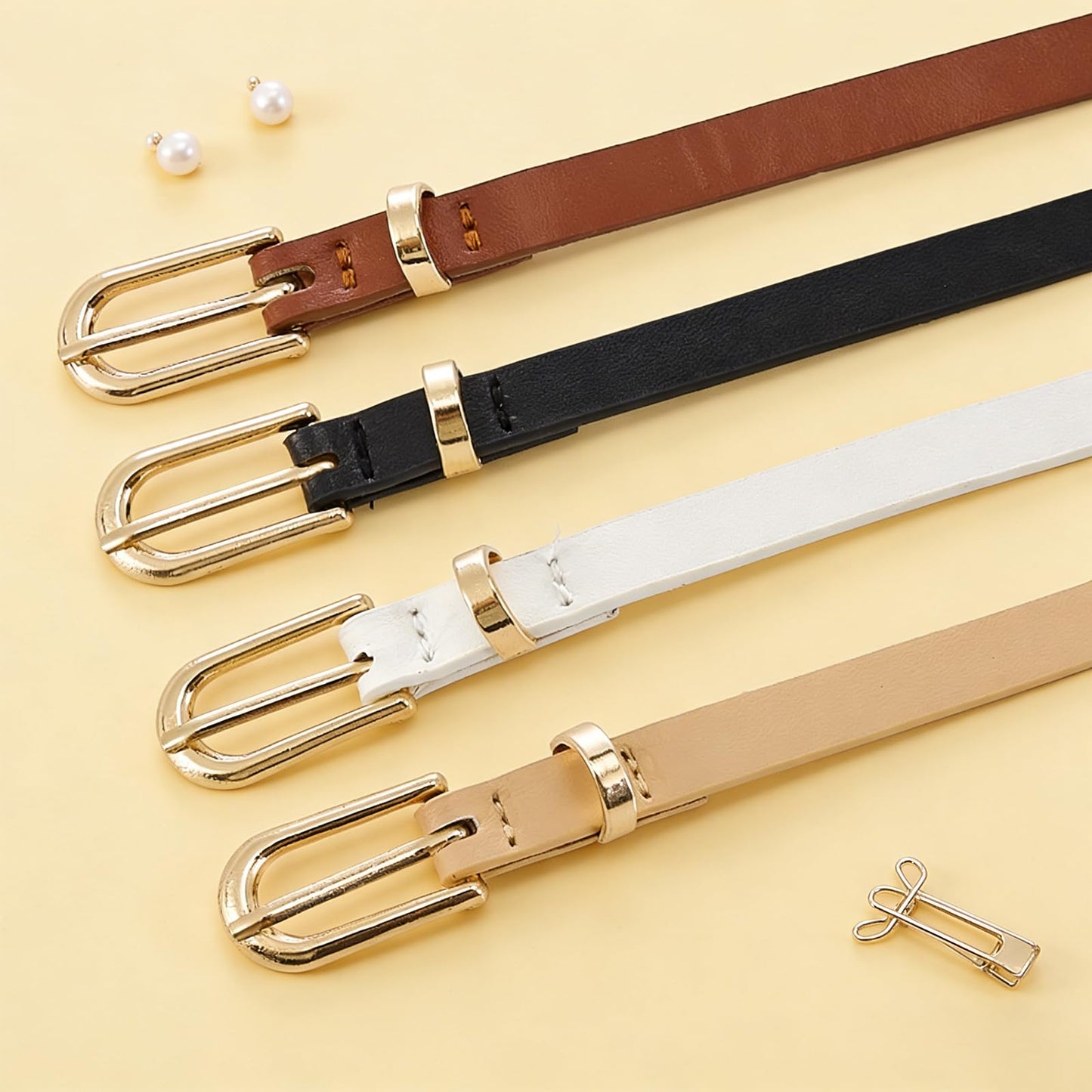 Fsfsdg 4 Pack Classic Belt for Dress Skinny Belt Women with Gold Buckle Thin Leather Waist Belt for Jeans Pants Dresses Daily Wear
