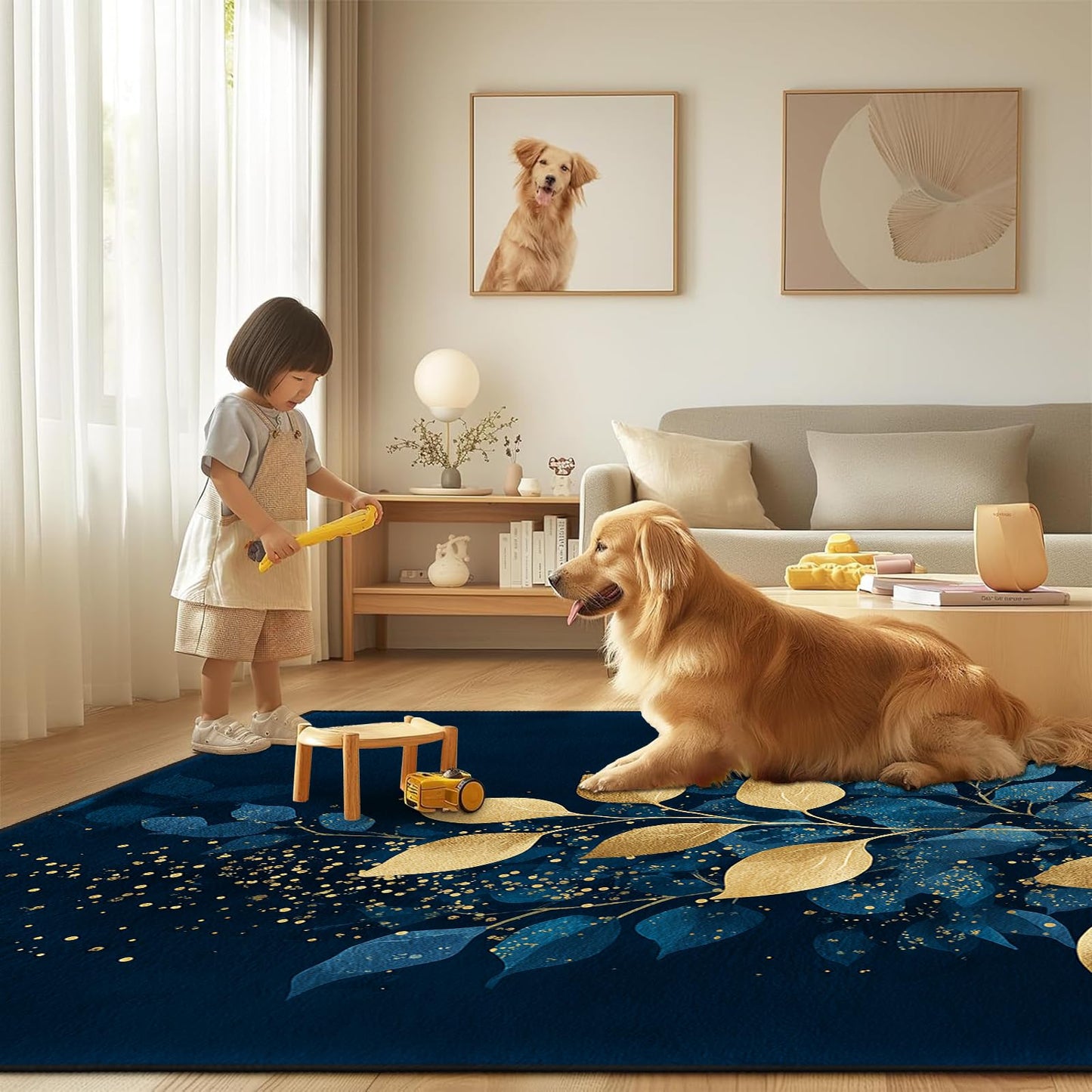 AQQA Quiet Luxury Abstract Leaves Area Rug - Navy & Gold Foil Texture Art Carpet - Machine Washable Faux Cashmere Rug - Non-Slip Decorative Floor Mat for High-End Home Decor