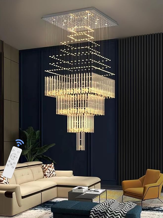 Flashing God D32''X H79'' Foyer Chandelier for High Ceilings,Square Crystal Raindrop Chandeliers,Large Chandelier for Entrance Foyer Villa,4 Tier Chandeliers