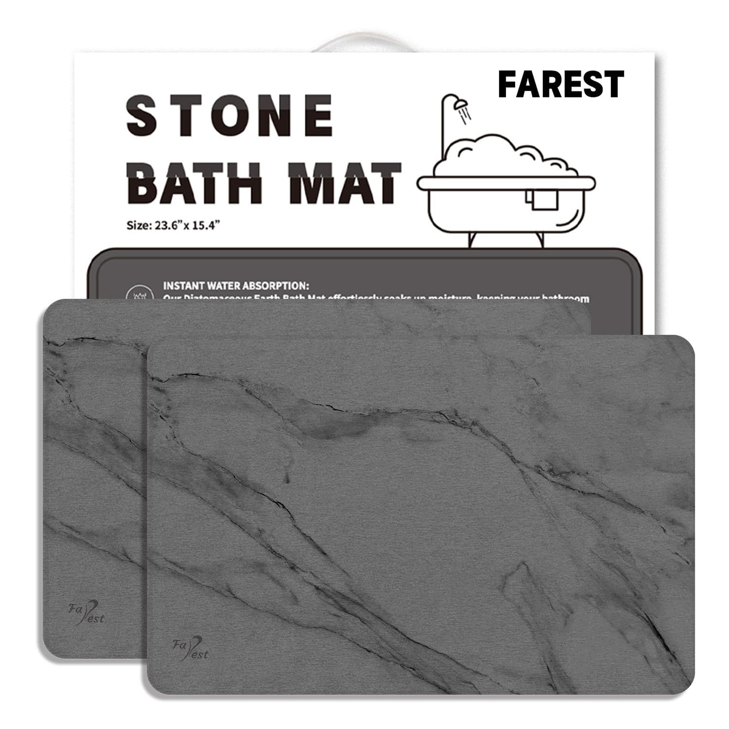 Farest 2 Pack Stone Bath Mat,Diatomaceous Earth Shower Mat,Fast-Drying Stone Bathroom Floor Mat,Absorbent Non-Slip Diatomite Mats for Bathtub,Grey Marble
