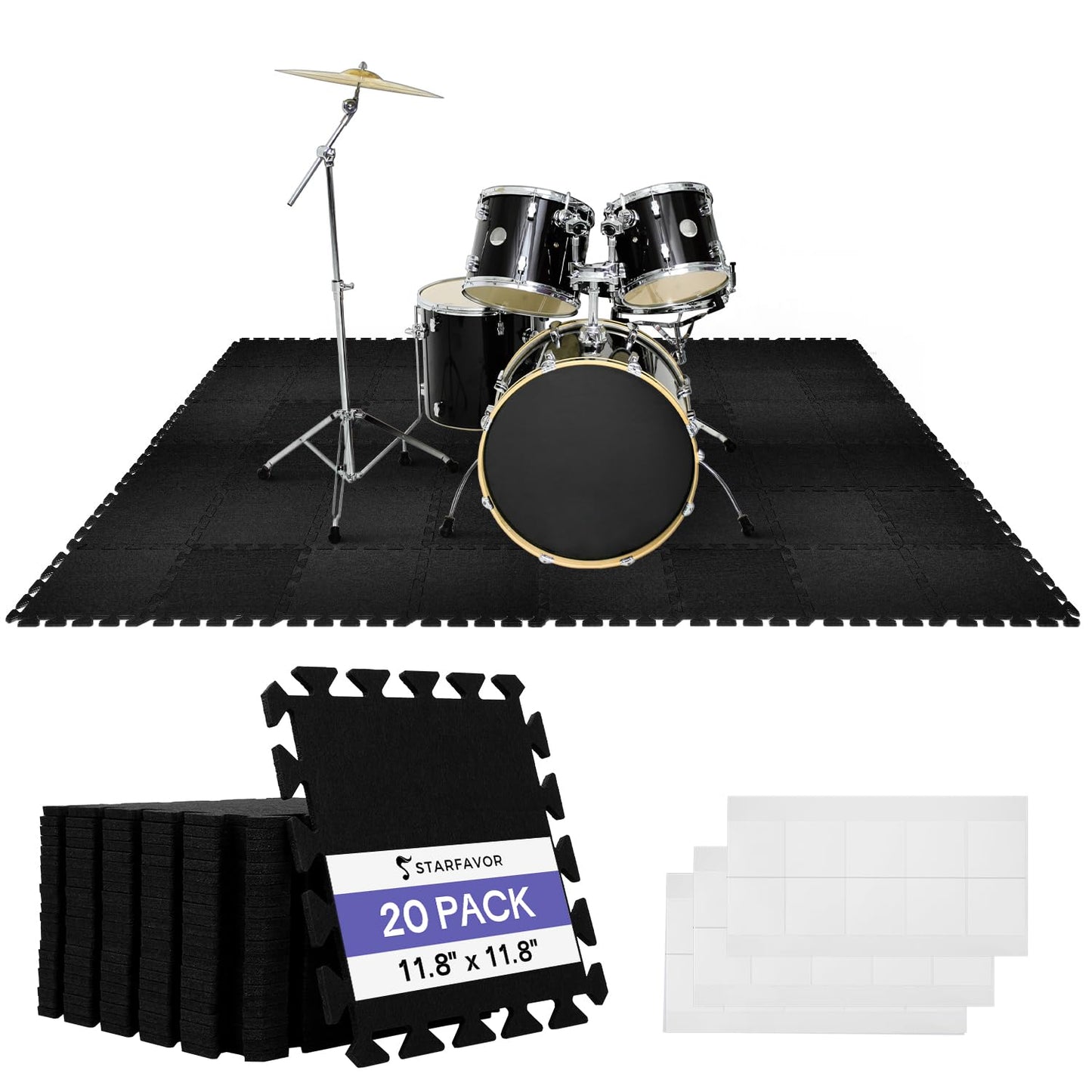 Starfavor Sound Absorbing Interlocking Floor Mats 20 Pcs, 11.8" x 11.8" Soundproof Rug Pad Non-Slip Anti-Vibration Acoustic Pads Piano Carpet Drum Rug