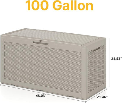 100 Gallon Deck Box Outdoor Waterproof, Rattan Outdoor Storage Box, Patio Storage Boxes for Cushions, Pillow, Garden Tools, Equipment
