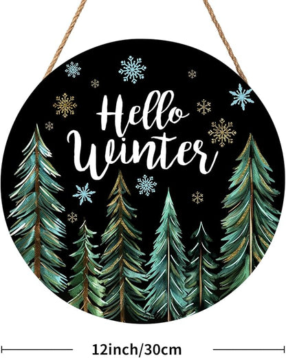 Hello Winter Welcome Sign for Front Door Winter Wreaths Winter Pine Trees Wood Door Hanger for Outdoor Outside Porch Christmas Snowflakes Round Hanging Sign for Home Porch Wall Decoration 12in