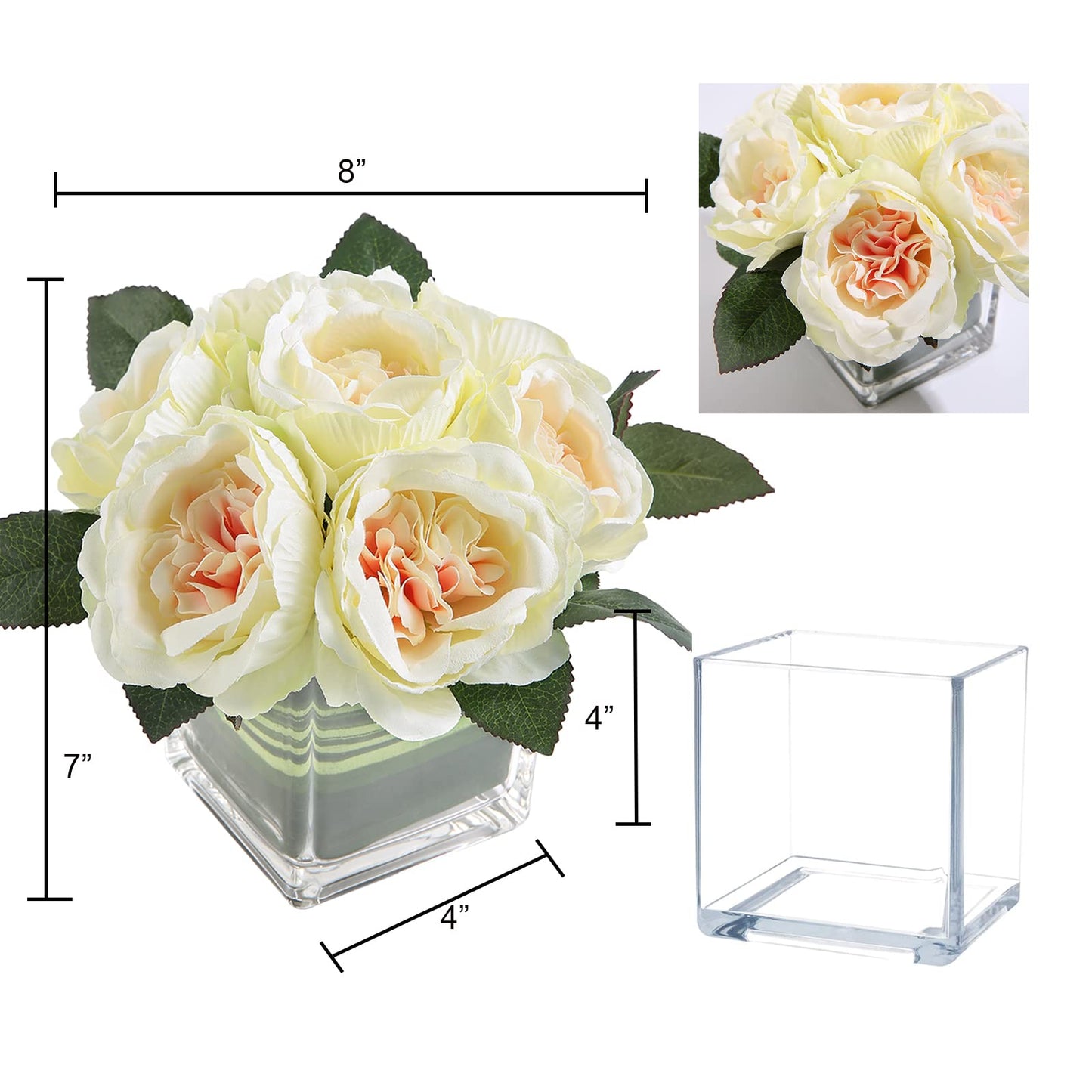 GreenHouzz Artificial Peony Silk Flower Centerpieces Faux Floral Arrangement in Glass Vase for Home Wedding Table Decoration (Champagne)