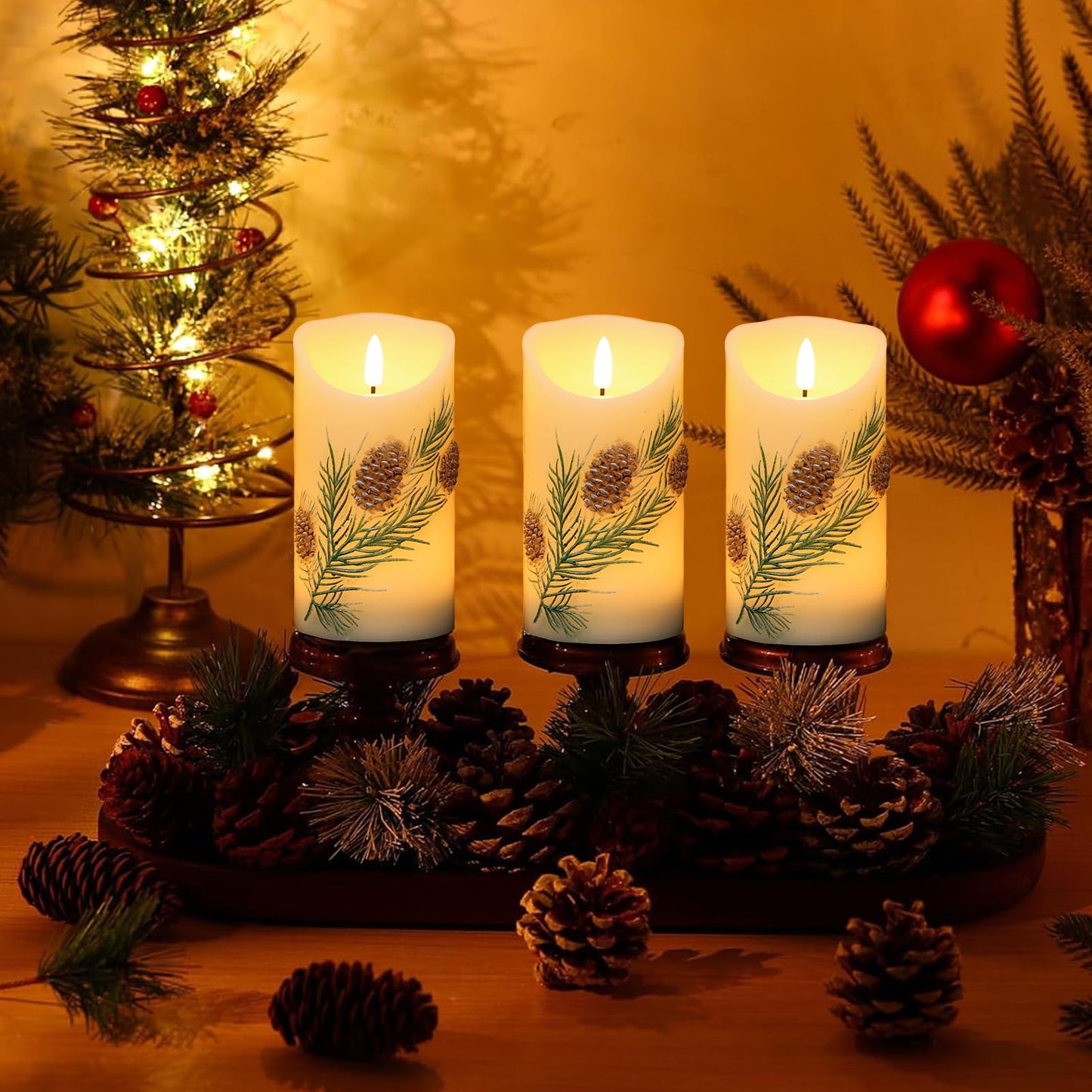 Eldnacele Christmas Flameless Candles with 6 Hour Timer, Battery Operated Hand Painted Pine Cone Real Wax 3D Wick Flickering LED Pillar Candles for Dinner Indoor Holiday Xmas Decor(2Pcs, D3×H5.7)