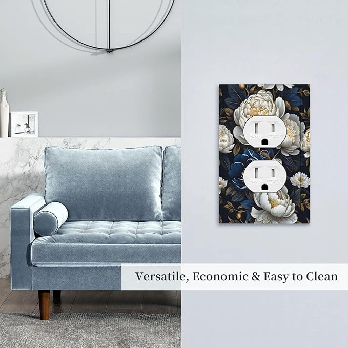 White Gold Blue Flower Light Switch Cover 1 Gang Outlet Plate Single Duplex Wall Plate Covers Decorative Switchplate Covers Electrical Faceplate for Home Decor