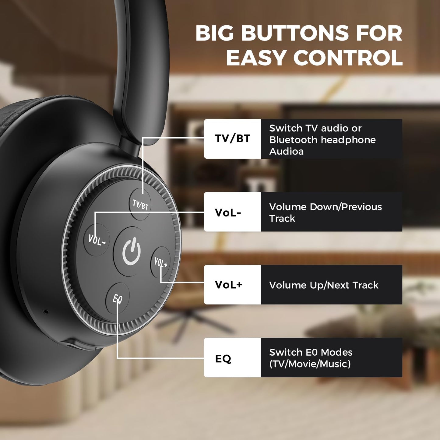 ROSIDA Wireless Headphones for TV Watching, Wireless Headphones for Seniors with Transmitter Charging Base, Bluetooth Headsets for TV, No Audio Delay, Gift for The Seniors or Parents, Black