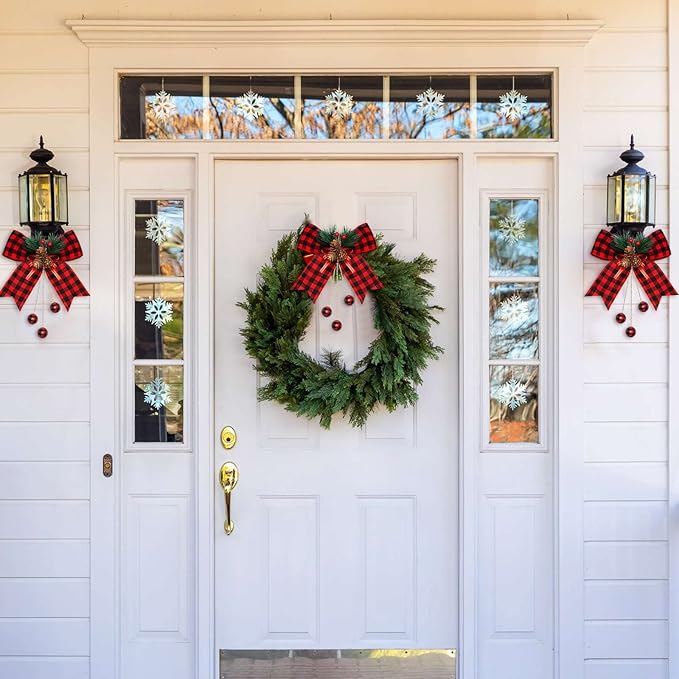 Xinnun 8 Pieces Christmas Buffalo Plaid Bows with Pine Cones Pine Needles Xmas Plaid Bow Ornament Christmas Tree Wreath Decoration for Holiday Parties DIY Crafts Home Decor (Red,Black)