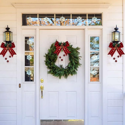 Xinnun 8 Pieces Christmas Buffalo Plaid Bows with Pine Cones Pine Needles Xmas Plaid Bow Ornament Christmas Tree Wreath Decoration for Holiday Parties DIY Crafts Home Decor (Red,Black)