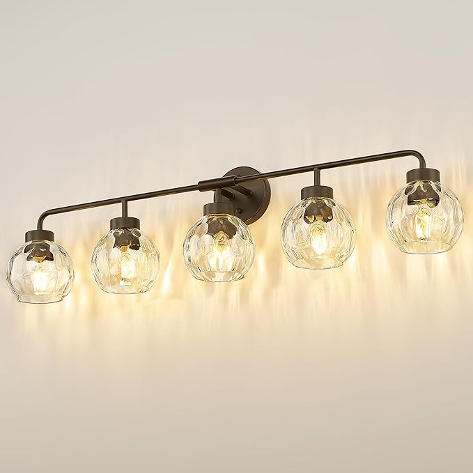 zeyu 38.5 Inch Farmhouse Bathroom Lighting Fixture, 5-Light Bathroom Vanity Light, Oil Rubbed Bronze Finish with Water Ripple Globe Glass, ZS62BG-5W ORB-WG