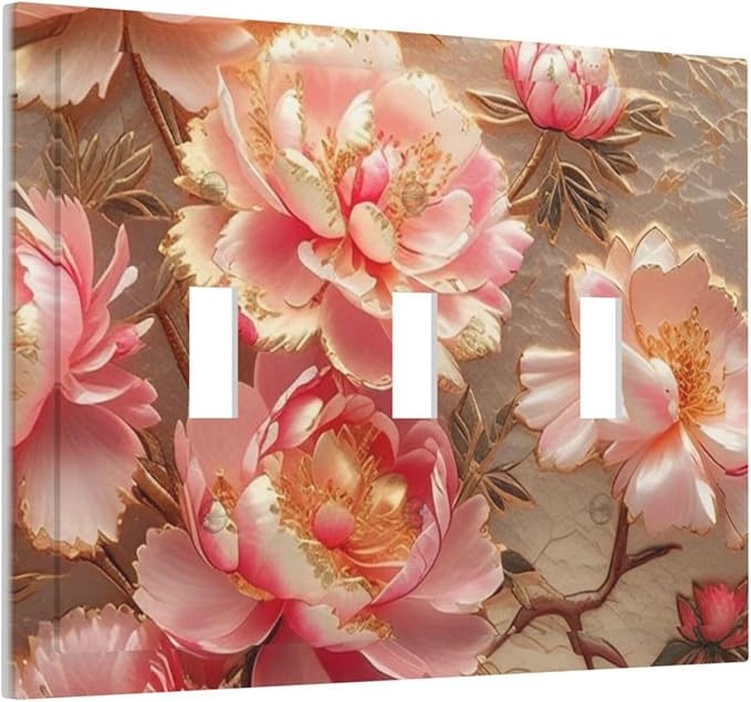 Pink Blooming Flowers Peonies Floral Light Switch Covers 3 Gang Triple Toggle Wall Plate Decorative Switch plate Electrical Faceplate for Farmhouse Living Decor
