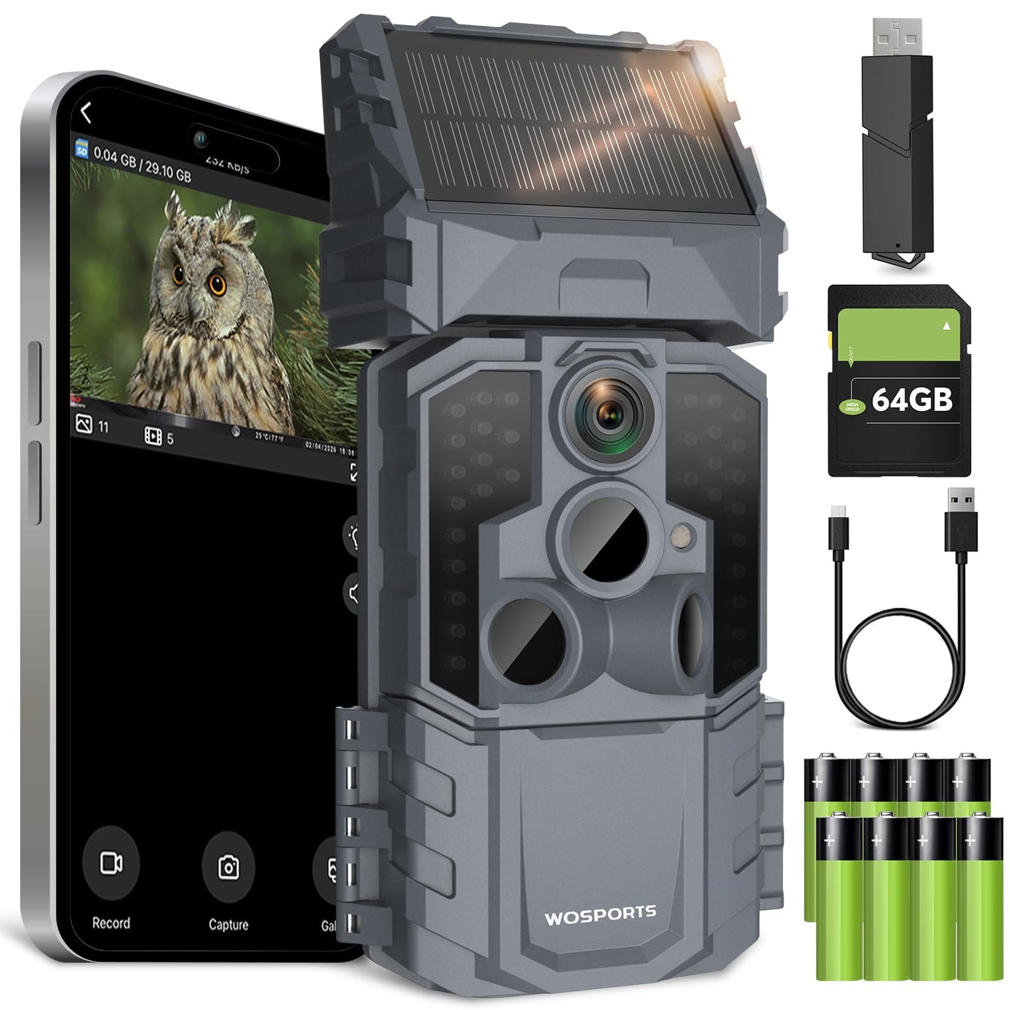 WOSPORTS Solar WiFi Trail Camera with 7800mAh Built-in Battery, 48MP Game Camera for 24/7 Wildlife Security, 0.1s Trigger, IP66 Waterproof Wildlife Cameras with 8 AA Batteries & 64GB SD Card