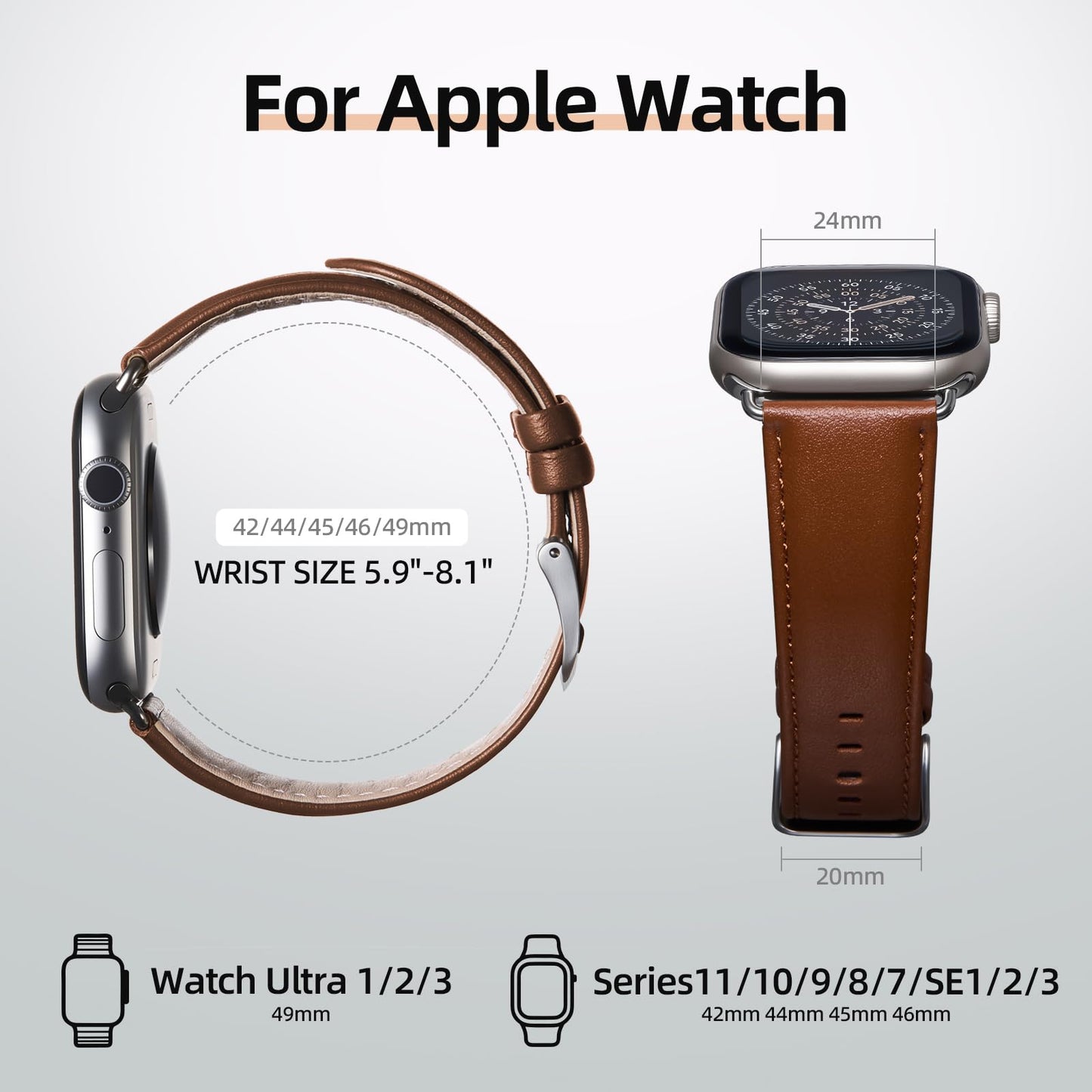 BESTSURE Leather Band Compatible with Apple Watch for Men and Women, Classic Genuine Leather Watch Strap, Fits Ultra/SE/Series 11–3(49/46/45/44/42mm), Brown