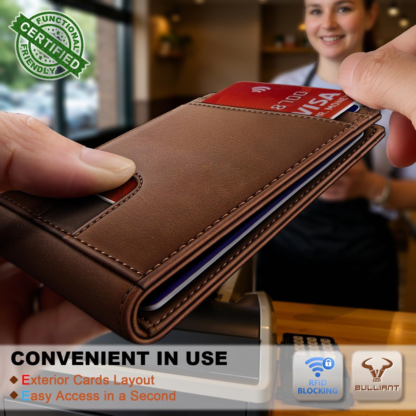 BULLIANT Men Full Grain Leather Wallet, Slim Magnetic Front Pocket Wallet 10Cards, RFID Blocking 4.2" x3”