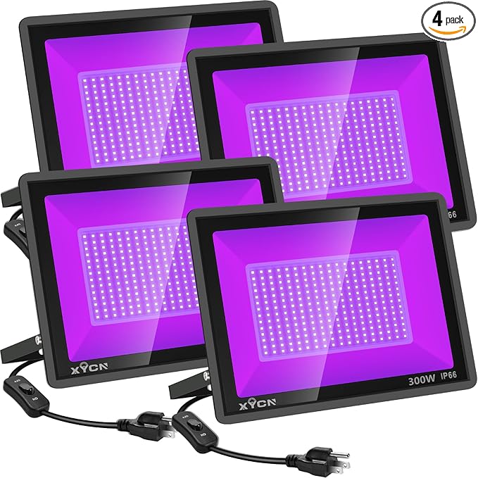 4 Pack 300W LED Flood Black Lights,395nm to 405nm UV Outdoor Flood High Power Blacklight Light with Plug in, IP66 Waterproof Large Black Light Spotlight for Glow Party Large Space, Halloween
