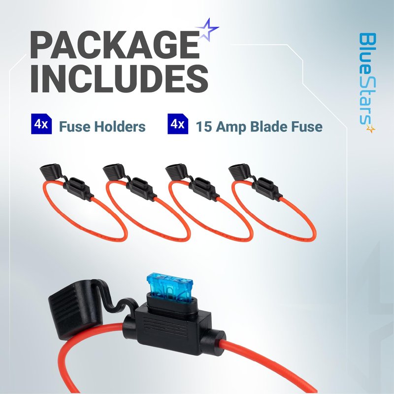 BlueStars 14-Gauge Inline Fuse Holder (4-Pack), Tinned Copper Marine Wire, Waterproof Pigtail Blade Fuse with 15A - Compatible with Car, Truck, ATV, Boat, Motorcycle