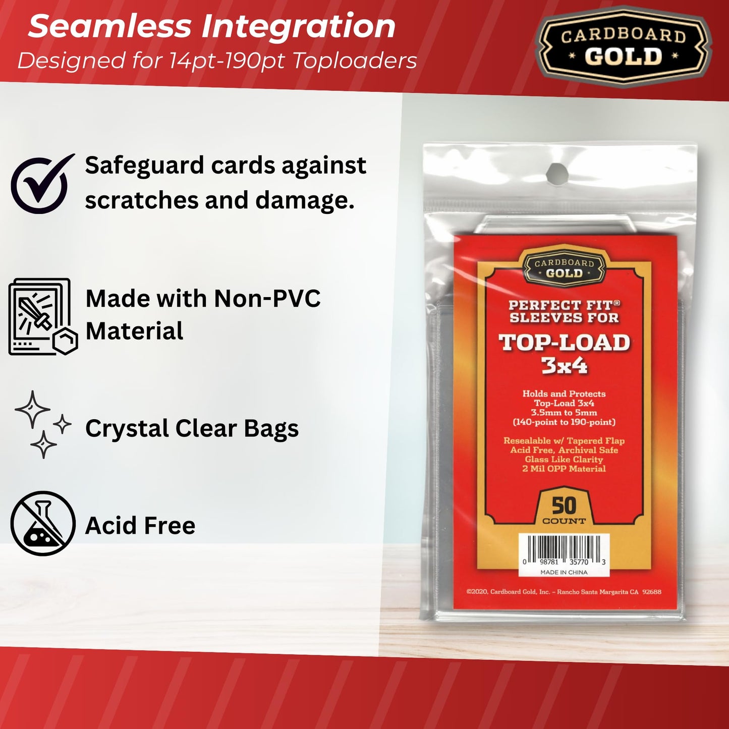 Cardboard Gold Toploader Sleeves - Ultimate Protection Resealable Snug Fit Top Loader Sleeves - Acid Free Archival Safe - Holds Toploaders Securely (140pt-190pt Sleeves, 50 Toploader Sleeves)