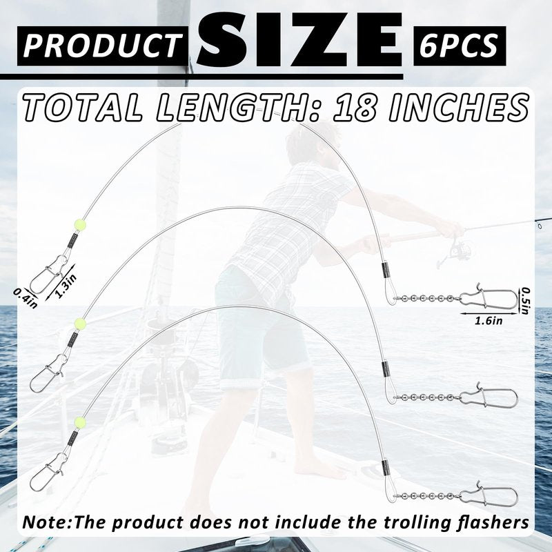 Threlaco 6 Pcs Trolling Bumper for Trolling Flashers Dodgers Fishing Leader Saltwater Leader Line Bottom Rigs Clear Nylon Surf Fishing Steel Tackle Rigs with Swivel Snaps Beads(18 Inch)