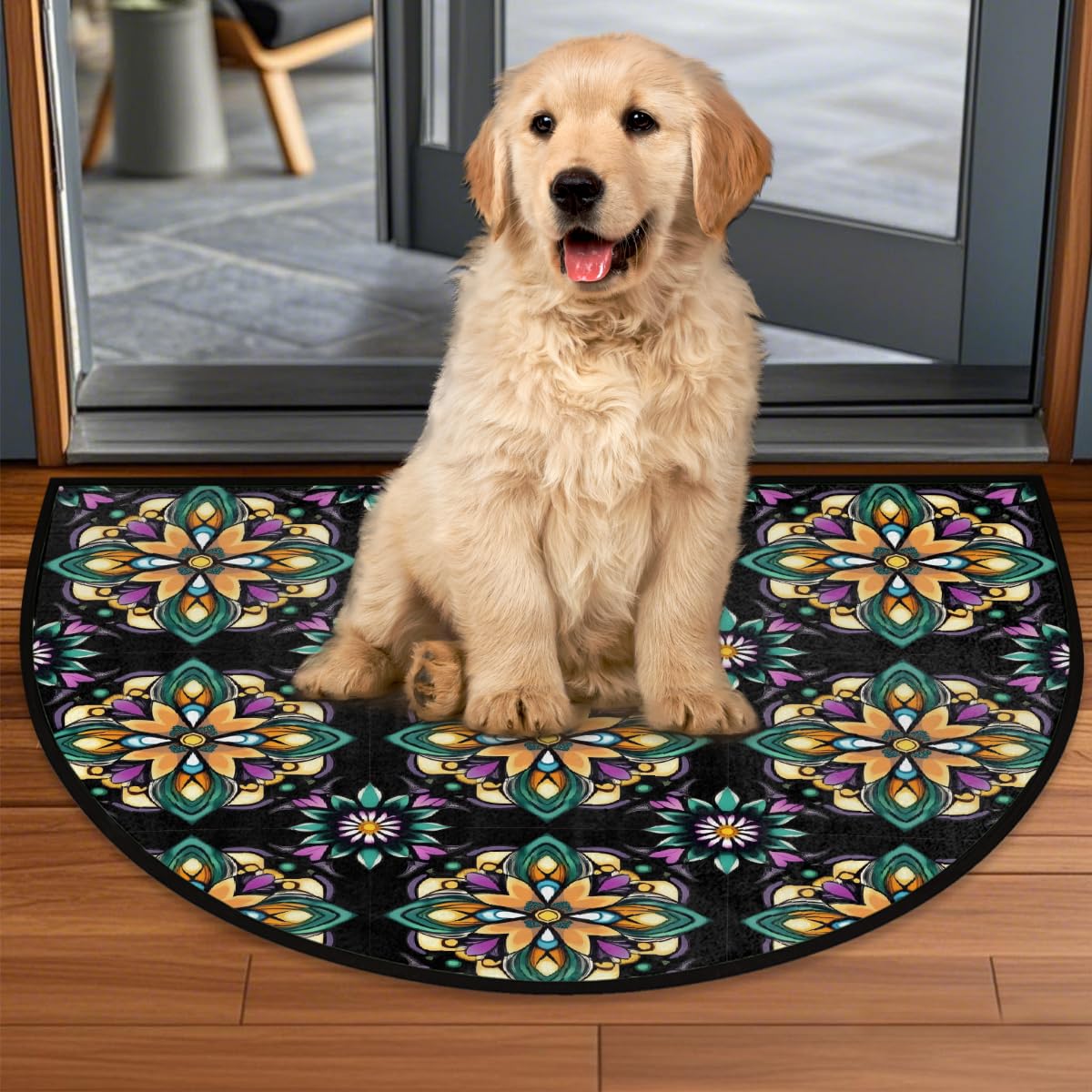 Half Round Door Mat Soft Non Slip Semi Circle Bath Rug with TPR Backing,Mexican Floral Tile Welcome Doormat Entryway Rugs for Front Door Living Room Bathroom,36x24IN