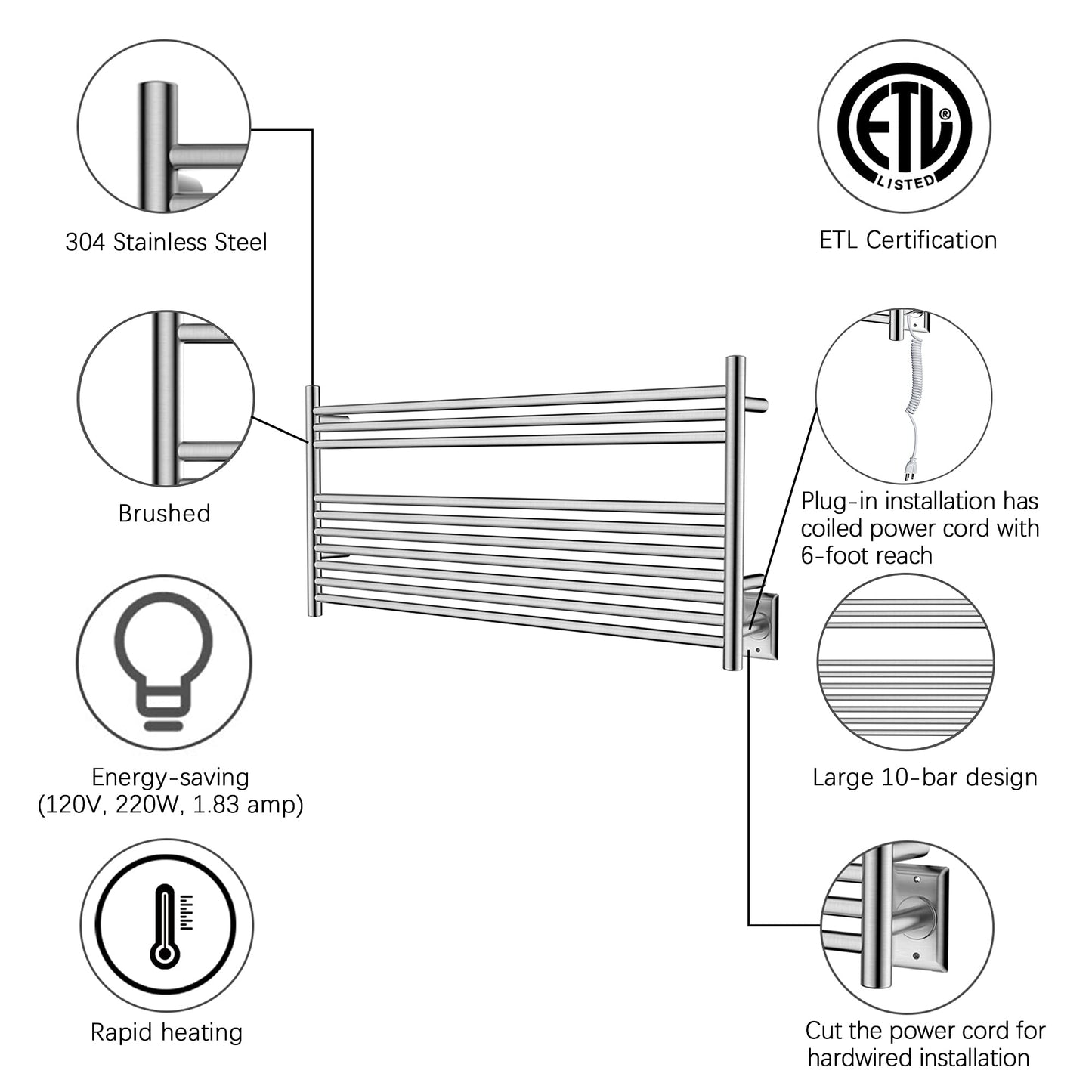 HEATGENE Towel Warmer Wall-Mounted Hardwired Heated Towel Rack Hot Towel Bar Brushed