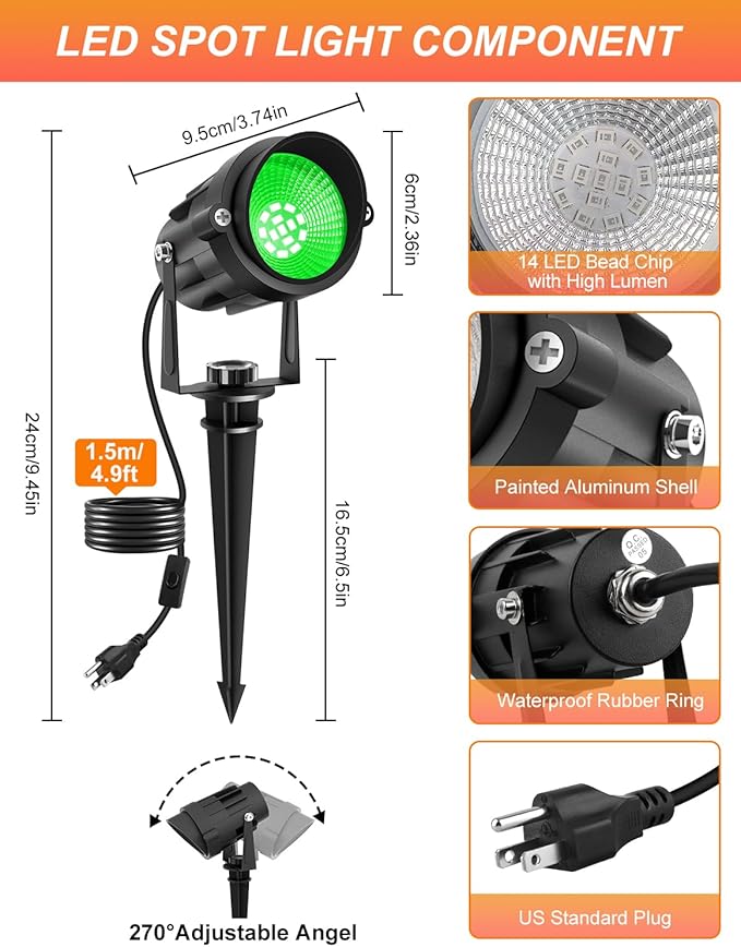 Christmas Green Landscape Lights Outdoor, 14 LED Landscape Lighting with US Plug, IP65 Waterproof Spotlights for Tree Yard Garden Pathway St. Patrick's Day Halloween Decor 4 Pack