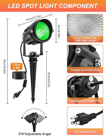 Christmas Green Landscape Lights Outdoor, 14 LED Landscape Lighting with US Plug, IP65 Waterproof Spotlights for Tree Yard Garden Pathway St. Patrick's Day Halloween Decor 4 Pack