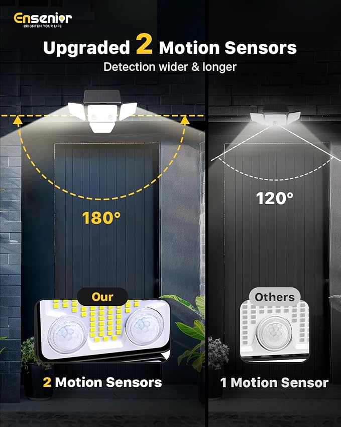 Ensenior Solar Lights Outdoor, IP65 Waterproof Motion Sensor Outdoor Light with Remote Control, 279 LED 4 Heads Solar Security Light with 4 Mode, 270° Wide Angle Solar Flood Light for Outside, 4 Packs