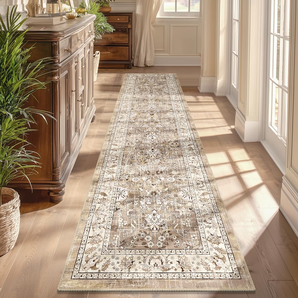 LOKHOM Washable Runner Rug, 2x8 Non-Slip Vintage Hallway Runner Rug with Rubber Backing, Boho Floral Soft Faux Wool Kitchen Rug Carpet Runner for Laundry Entryway Bedroom (Beige Brown)