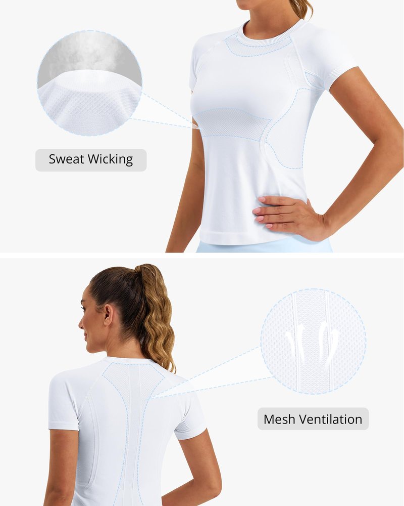 Stelle Women Workout Tops Short Sleeve Seamless Athletic Shirts Yoga Gym Sports Breathable Tees(White,S)