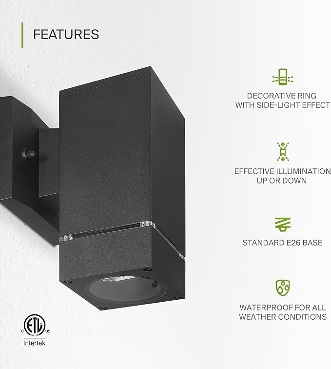ASD 1 Light Square Outdoor Wall Light Fixture | 60W E26 Bulb Socket 120V ETL Cylinder Up Down Lights | LED/CFL/Incandescent Bulb Exterior Wall Sconce | Front Door, Porch Patio | Ringed Black, 6 Pack