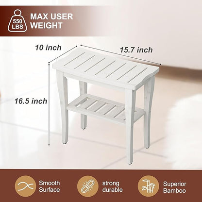 Bamboo Shower Bench Stool with Storage Shelf, Waterproof Shower Chair Spa Bath Seat, Shower Stool for Inside, Bathroom Bench Seat for Adults Elderly Seniors for Indoor or Outdoor Use(White)