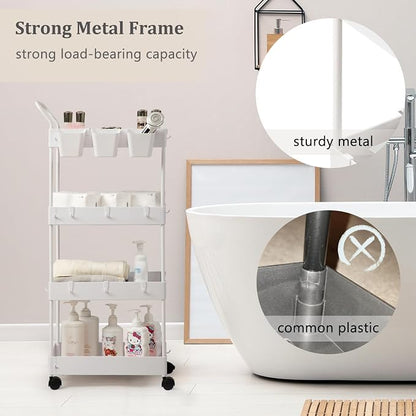 danpinera Storage Cart, 4 Tier Narrow Rolling Storage with Wheels & Dividers, Bathroom Organizer Slim Laundry Cart with Handle Hanging Cups Hooks, White