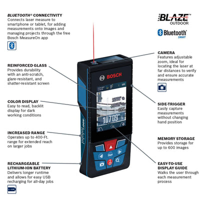 BOSCH GLM400C 400 Ft Blaze Outdoor Connected Laser Measure with Viewfinder, Includes 3 AA Batteries, Hand Strap, & Pouch
