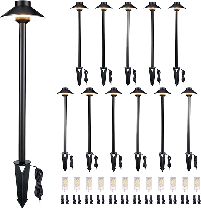 Gardenreet Low Voltage Landscape Path Light Solid Brass, 3 Color Temp Selectable LED Driveway Light Waterproof, Hat Shaped 12V Wired Black for Walkway Garden with 3W 270LM G4 Bulb (12 Pack)