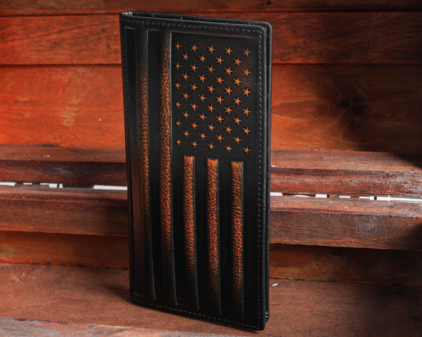 DK86 USA Flag Long Wallet For Men Full Grain Leather with Hand Burnished Rfid Blocking Rodeo Wallet Bifold Wallet American Flag Wallet