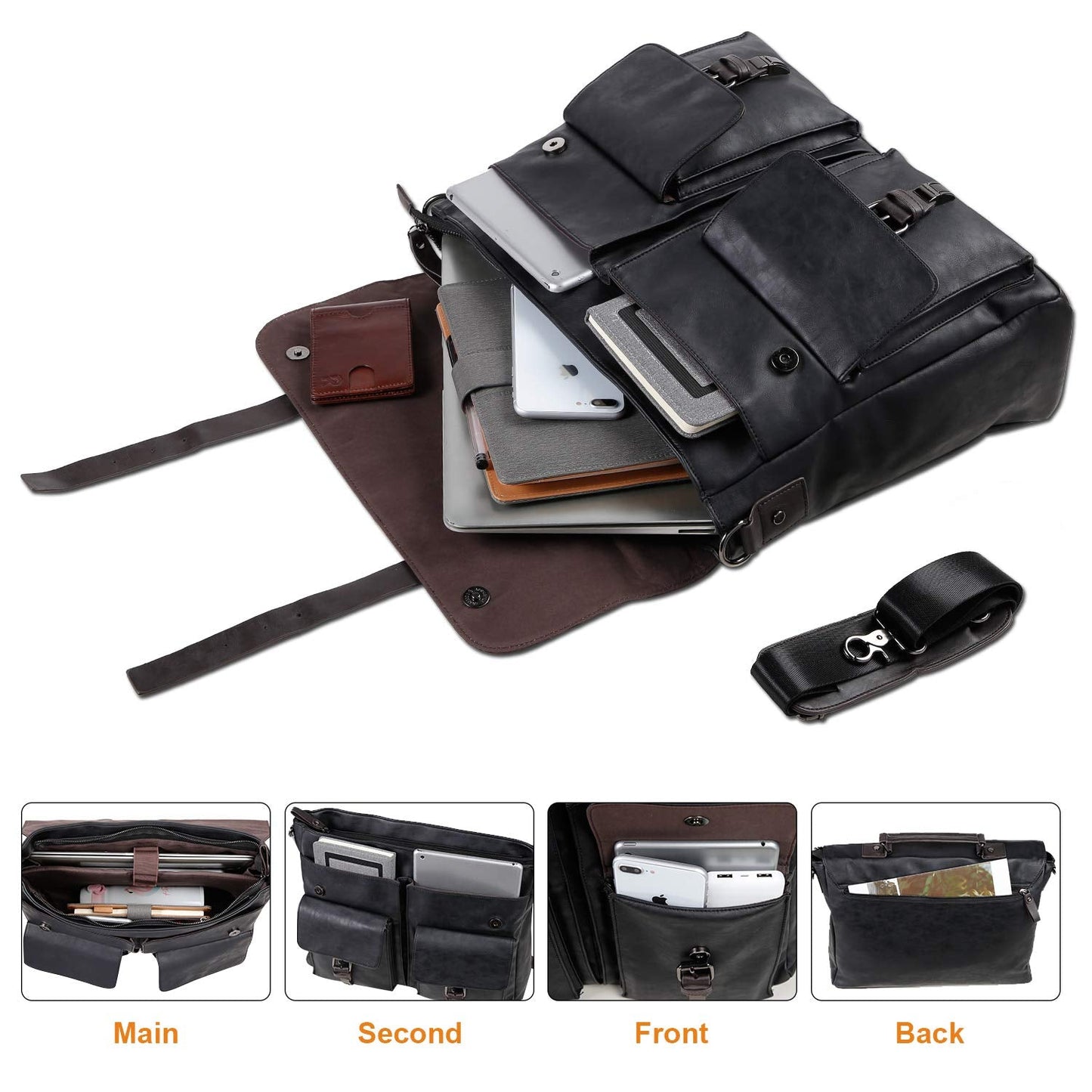 seyfocnia Men's Vintage Black 17.3 Inch Water Resistant PU Leather Laptop Bag, Messenger Bag, Satchel, Briefcase