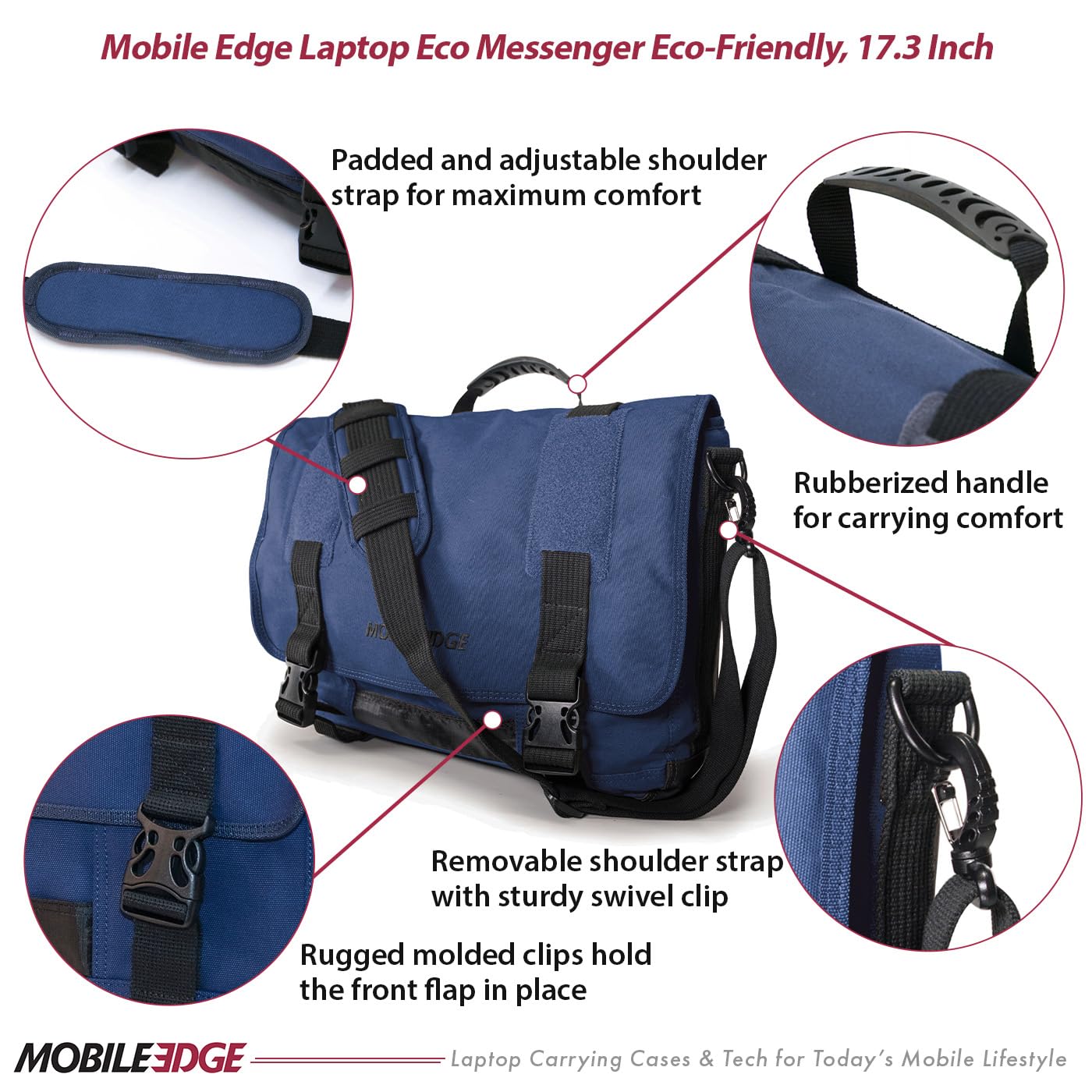 Mobile Edge ECO Laptop Messenger Bag for Men and Women, Fits Up To 17.3 Inch Laptops, Travel Work Computer Bag, Cotton Canvas, Padded Pockets, Black