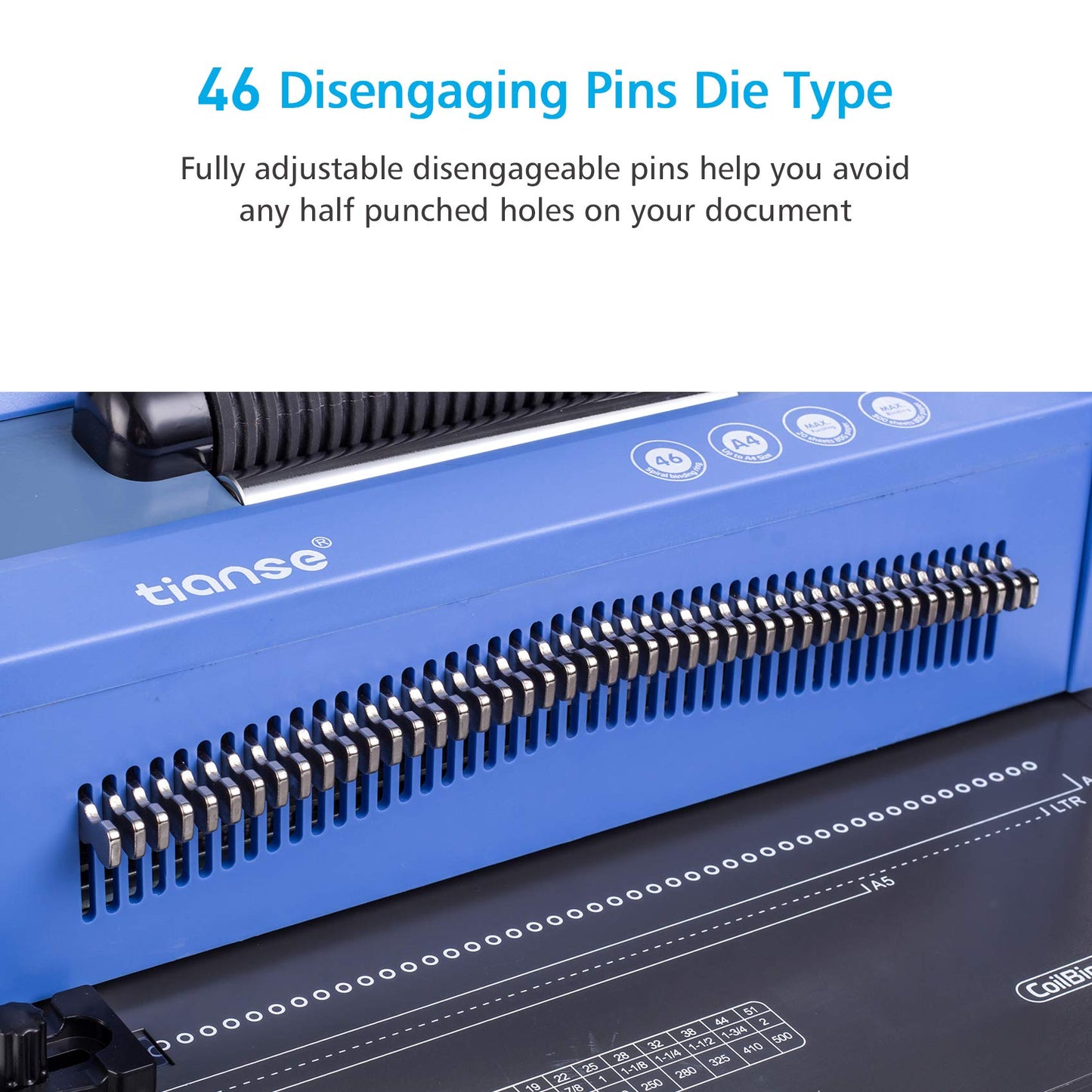 TIANSE Spiral Coil Binding Machine, Manual Book Maker Punch Binder with Electric Coil Inserter, Disengaging pins, Adjustable Side Margin, Comes with 100pcs 5/16'' Plastic Coil Binding Spines & Plier