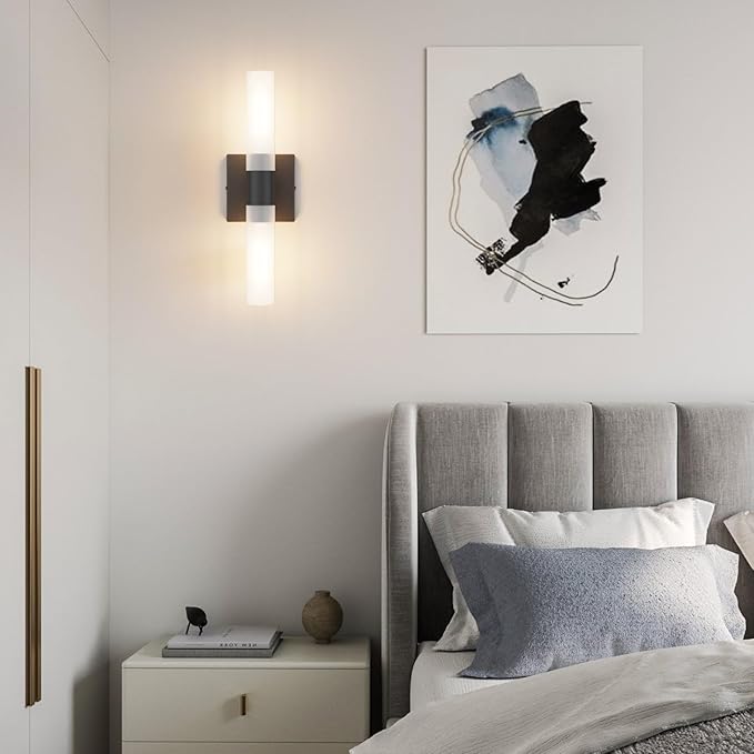 Black Wall Sconces Set of Two,15.7in Dimmable Hardwired LED Sconce Lighting Modern Indoor Vanity Sconce with Frosted Glass Shade for Bathroom Hallway(Bulbs Included)