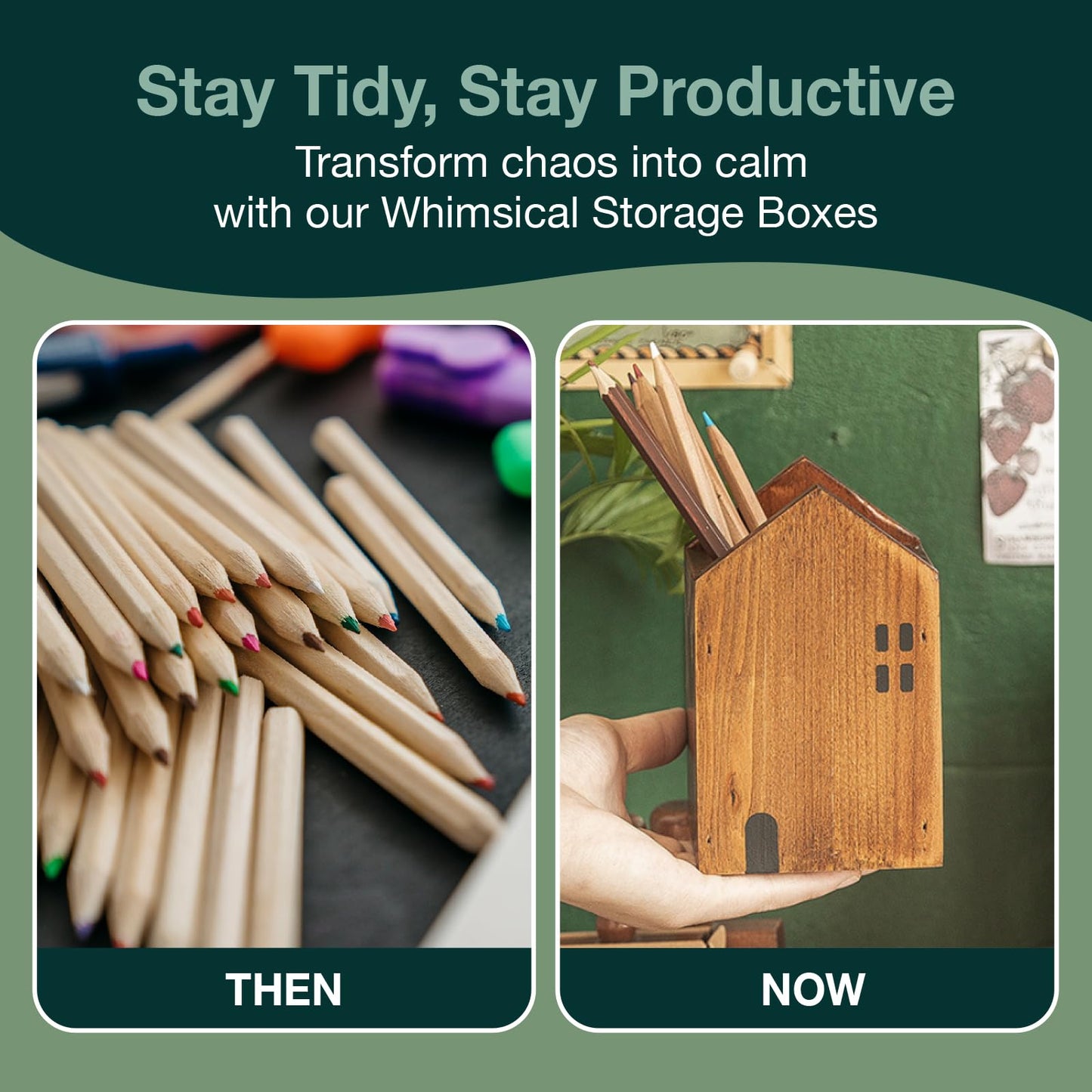Woodaholic 4-piece Kids Wooden Study Desk Organizers - Whimsical Farmhouse Style Table Decor Storage Box for Teacher Supplies - Girls Room Pencil Holder for Desk - Art & Stationery Supplies Organizer