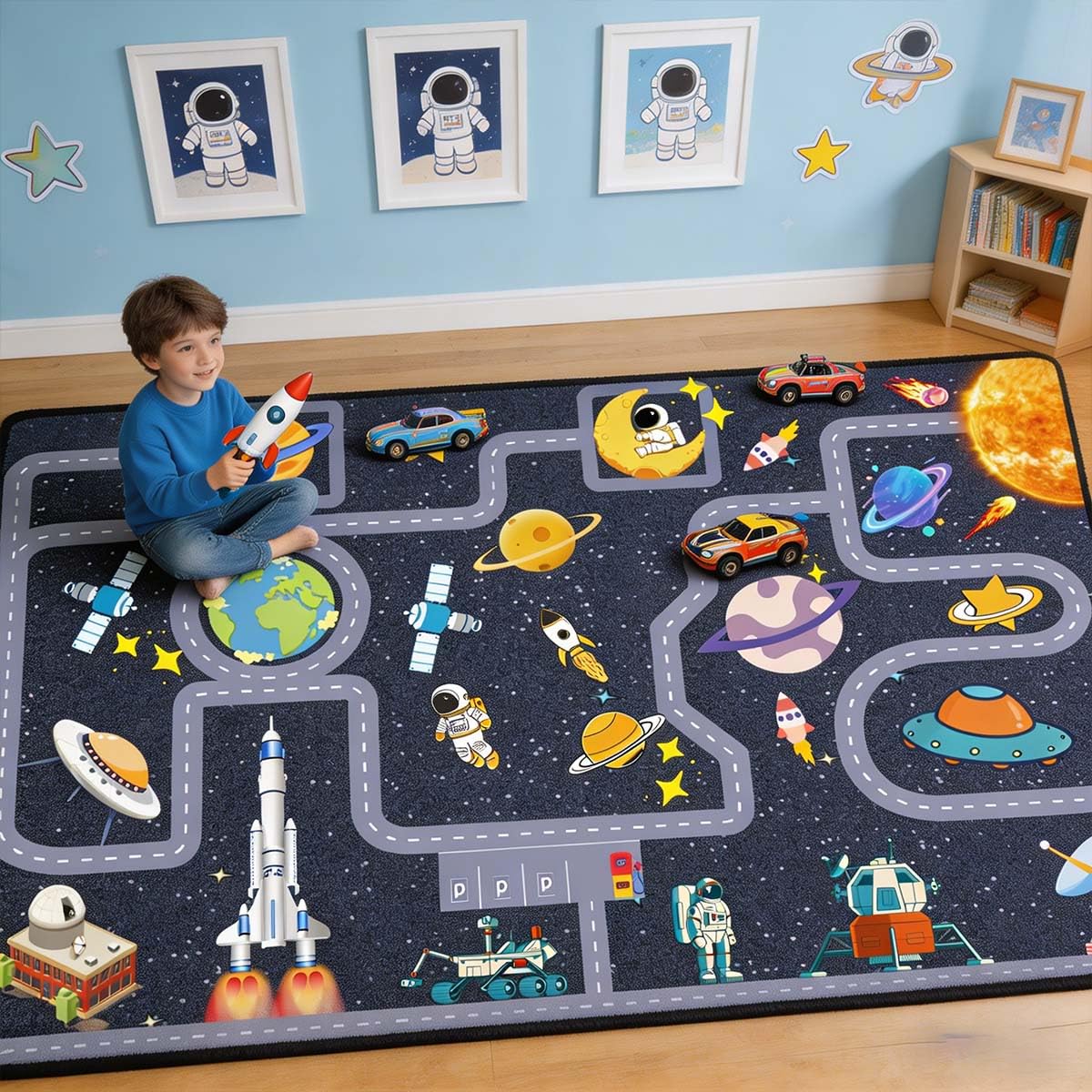 Pyrrhite Outer Space Kid Rug，Boys Car Rug for Kids Toy Cars Have Fun Safely, Non-Slip Educational City Road Rugs Carpets for Kid Room Bedroom（47×31 in