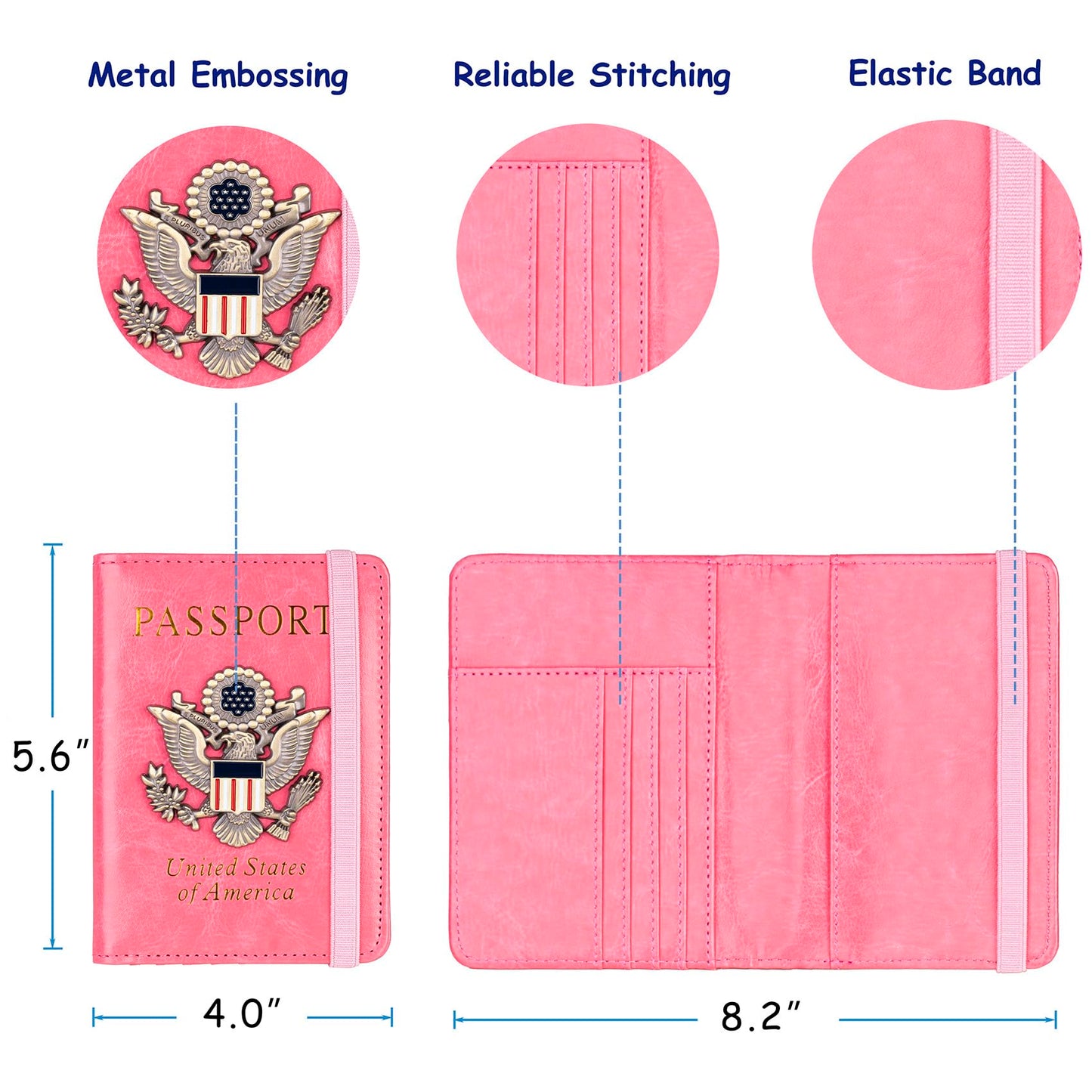 TOURSUIT RFID Blocking Passport Holder for Women Men, Leather Passport Travel Wallet with 3D Metal Badge, Travel Document Holder Cover Accessories (Pink)