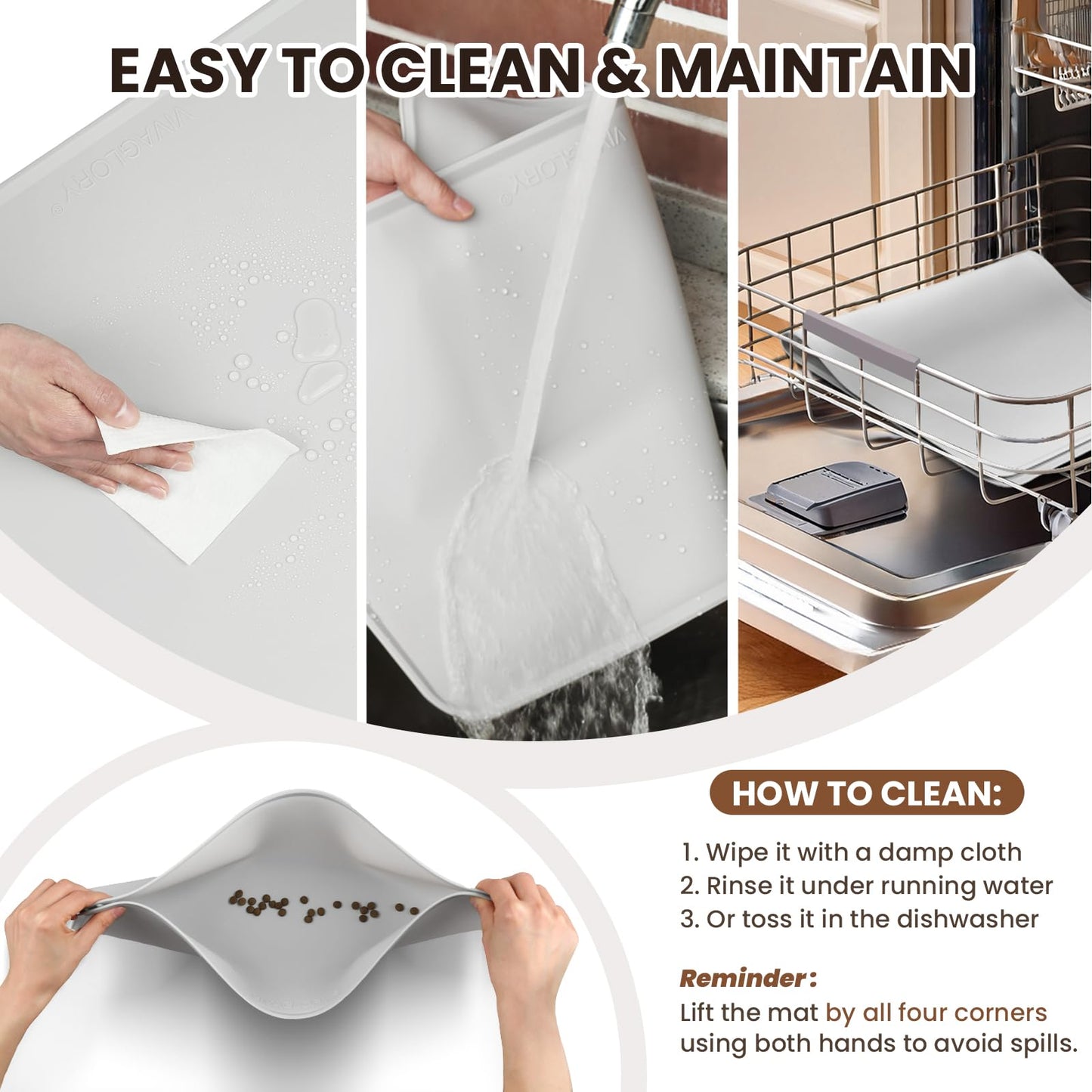 VIVAGLORY Dog Food Mat Flexmat Dog Bowl Mat, Placemat Food Tray with Raised Edges & Lip for Indoor Floor, Non Slip Waterproof Silicone Dish Placemat for Cat & Pet, S, Grey