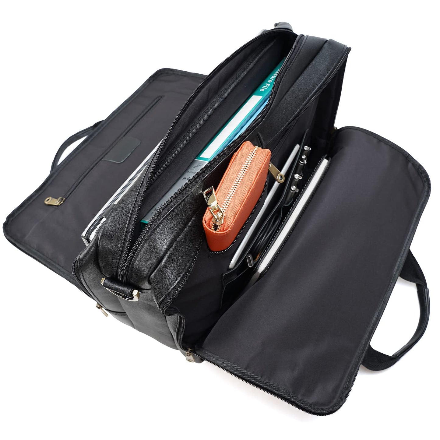 Polare Natural Napa Leather 16'' Black Business Briefcase Laptop Messenger Bag for Men with YKK Zippers