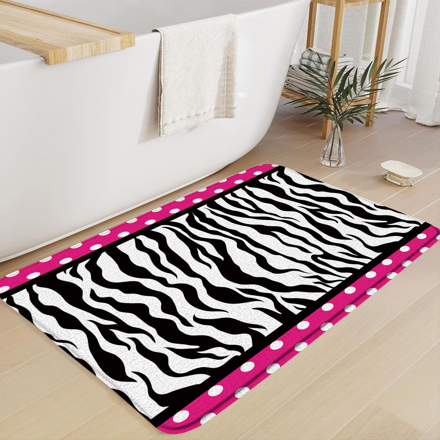 Sunhe Zebra Print Bath Mat Black White Zebra Stripe Polka Dot on Pink Creative for Girls Woman Modern Romance Memory Foam Home Office Door Bathroom Decor Mat,17.8"x29.5"
