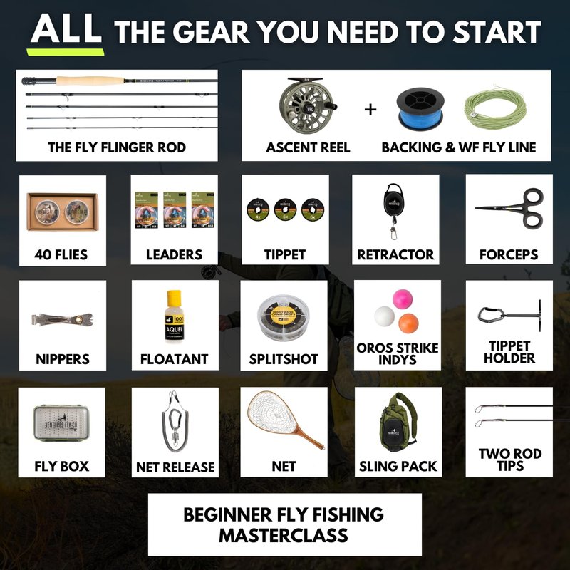 Ventures Fly Co. | Weekend Warrior Starter Package | 23 Fly Fishing Accessories Complete Combo | Includes Rod, Reel, Line, Flies, Leader, Tippet, Forceps, Nipper, Net, Sling Pack, and More!