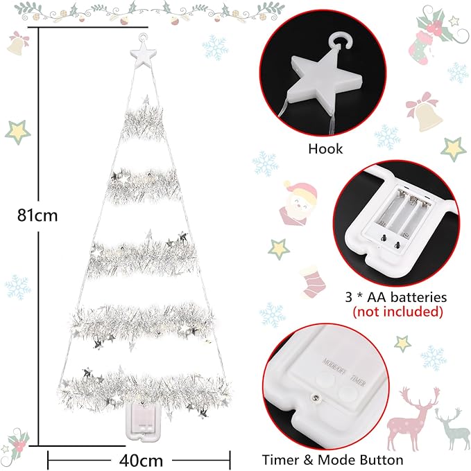 Toodour Christmas Decorations Indoor Lights, 2.65ft LED Christmas Lights, Red White Blue Wall Window Hanging Light, Battery Operated Holiday Decoration for Outdoor Garden New Year Home Decor