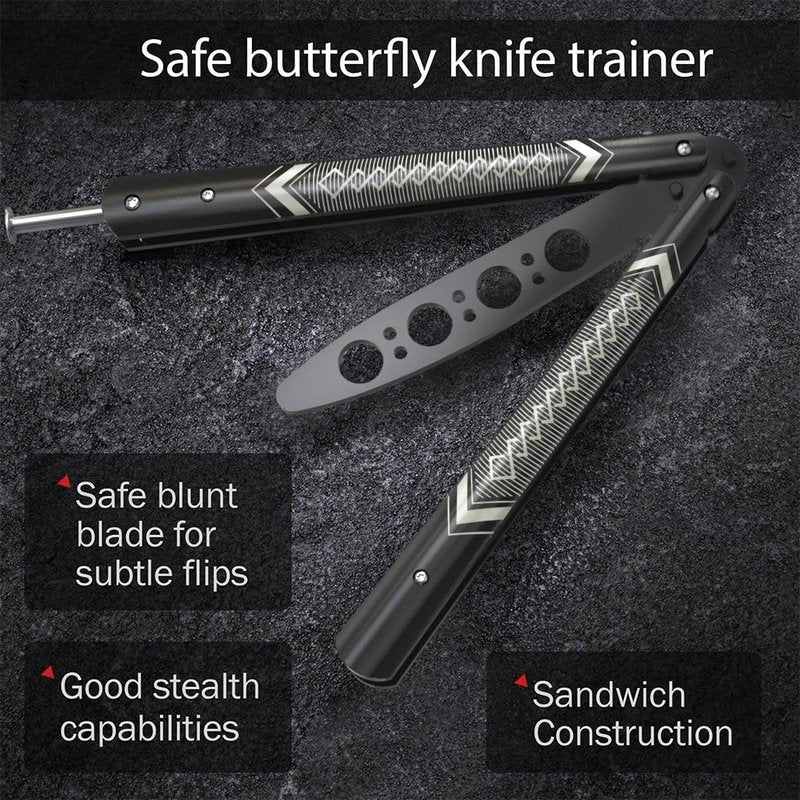Butterfly Trainer - Practice Balisong - Butterfly Knives NOT Real NOT Sharp Blade - Cool Design - Black Dull Trick - Butter Fly Training - CSGO Fidget Toy - Gift for Husband, Father, Son, Teens K14B